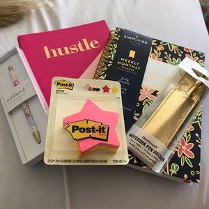 New office supplies, daily planner, notebook, pens